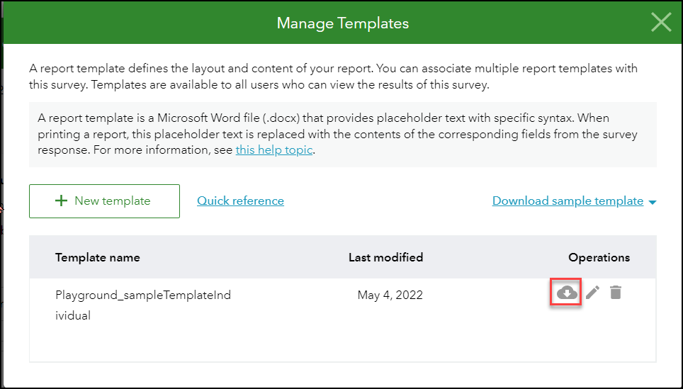 The Manage Templates dialog window with the download button highlighted.