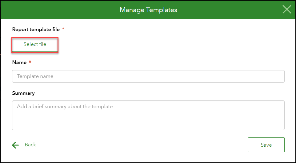 The Manage Templates dialog box with the Select file button highlighted.
