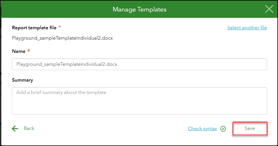 The Manage Templates dialog window with Save highlighted.