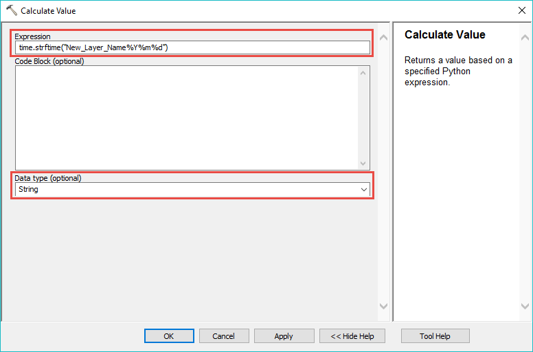 The Calculate Value window displaying the Expression and Data type (optional) sections.