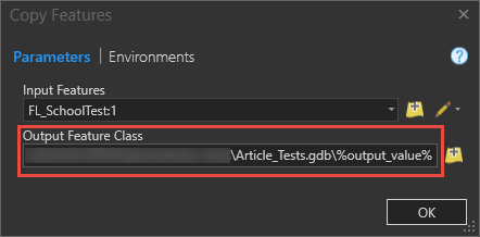 The tool's window displaying the Output Feature Class parameter. Click OK after naming the output.