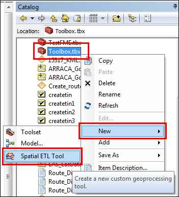 An image of the Toolbox menu to create a new spatial ETL tool.