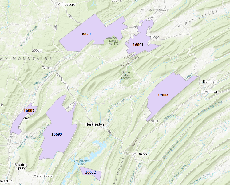 This is the location of six zip codes areas in Central Pennsylvania.