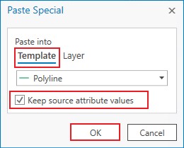 The Paste Special window displaying the Template section and selected polyline feature.
