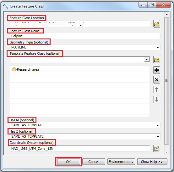The Create Feature Class window displaying the Feature Class Location, Feature Class Name, Geometry type, Template Feature Class, Has M, Has Z and Coordinate System parameters.