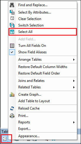 The Select All option is displayed when clicking Table Options in the attribute table.