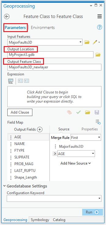 The Feature Class to Feature Class tool in the Geoprocessing pane.