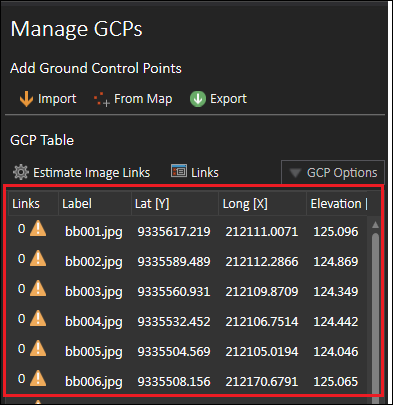 The GCPs are added in the table in the Manage GCPs toolbox