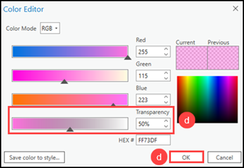 Increasing the Transparency percentage in the Color Editor window