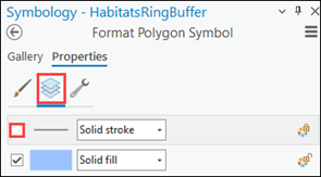 The ring buffer outline layer unchecked in the Format Polygon Symbol pane