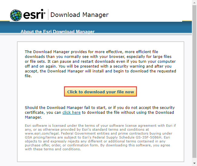 Screenshot of the Esri Download Manager with Click to download your file now highlighted.