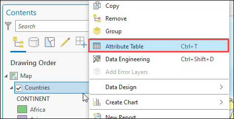 The Contents pane's menu with the Attribute Table option.