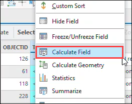 The table view pane's menu and the Calculate Field option.