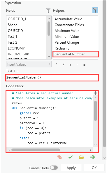 The Calculate Field's Expression section configured with the SequentialNumber() function.
