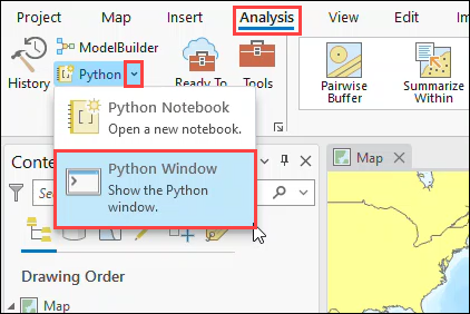 The Analysis tab and the Python drop-down menu.