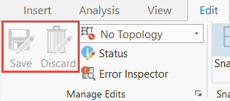 ArcGIS Pro Manage Edits group with Save and Discard buttons greyed out