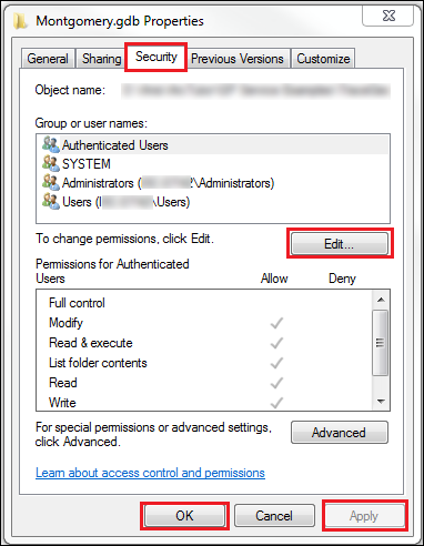 Assigns full control permissions to the file geodatabase