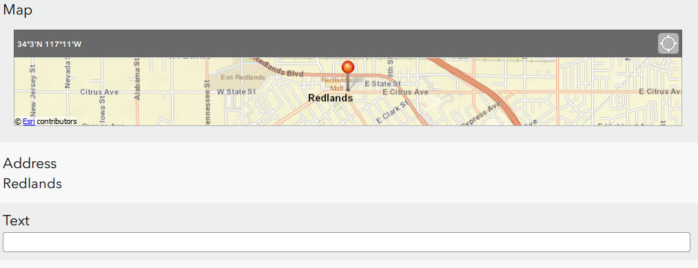 Screenshot of the survey showing the hidden text type when Redlands is geocoded.