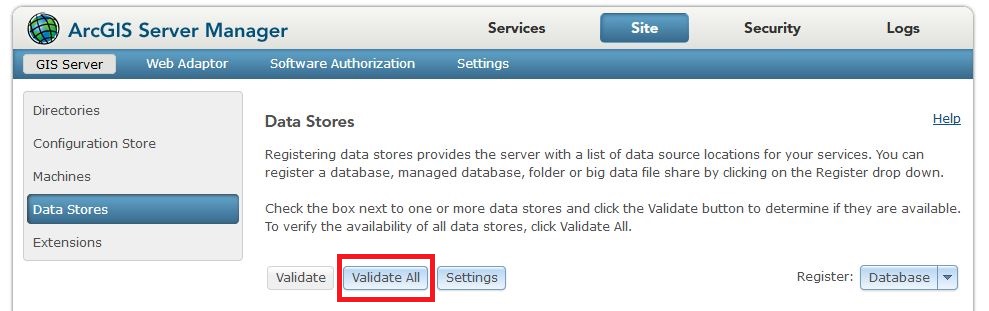 Image of the ArcGIS Server Manager Data Stores page.