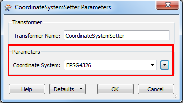 An image of the CoordinateSystemSetter Parameters dialog box.
