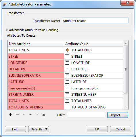 An image of the AttributeCreator Parameters dialog box.