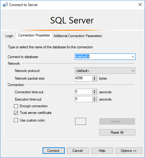 Image of the Connection Properties in SQL Server Management Studio.