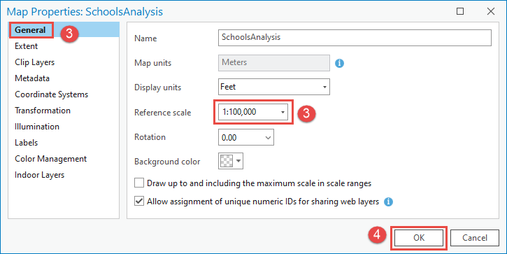 Setting up the reference scale to 1:100,000 in the ArcGIS Pro Map Properties dialog box