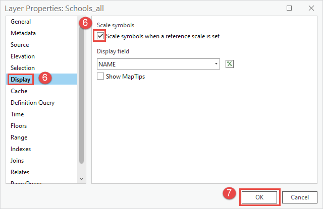 Checking the Scale symbols when a reference scale is set check box in the ArcGIS Pro Layer Properties dialog box