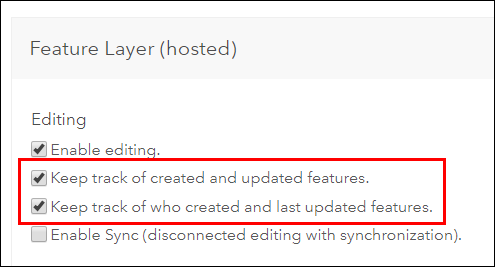 An image of the hosted feature layer editing settings.