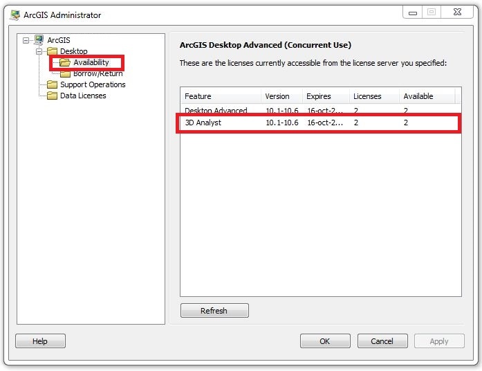 Image of the availability of 3D Analyst Concurrent-Use licenses in ArcGIS Administrator