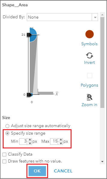 Specify the size range.