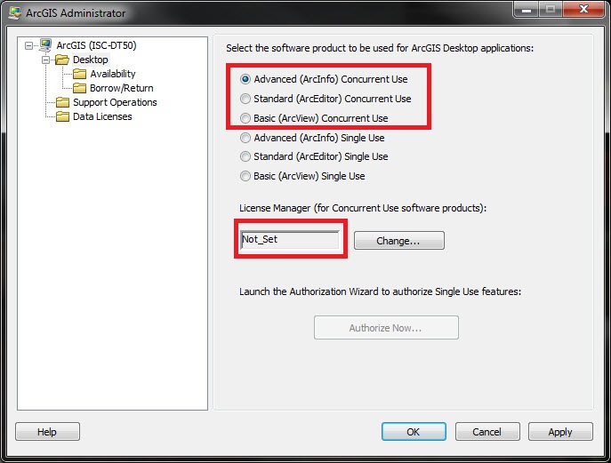 Image of the ArcGIS Administrator window showing no License Manager is defined