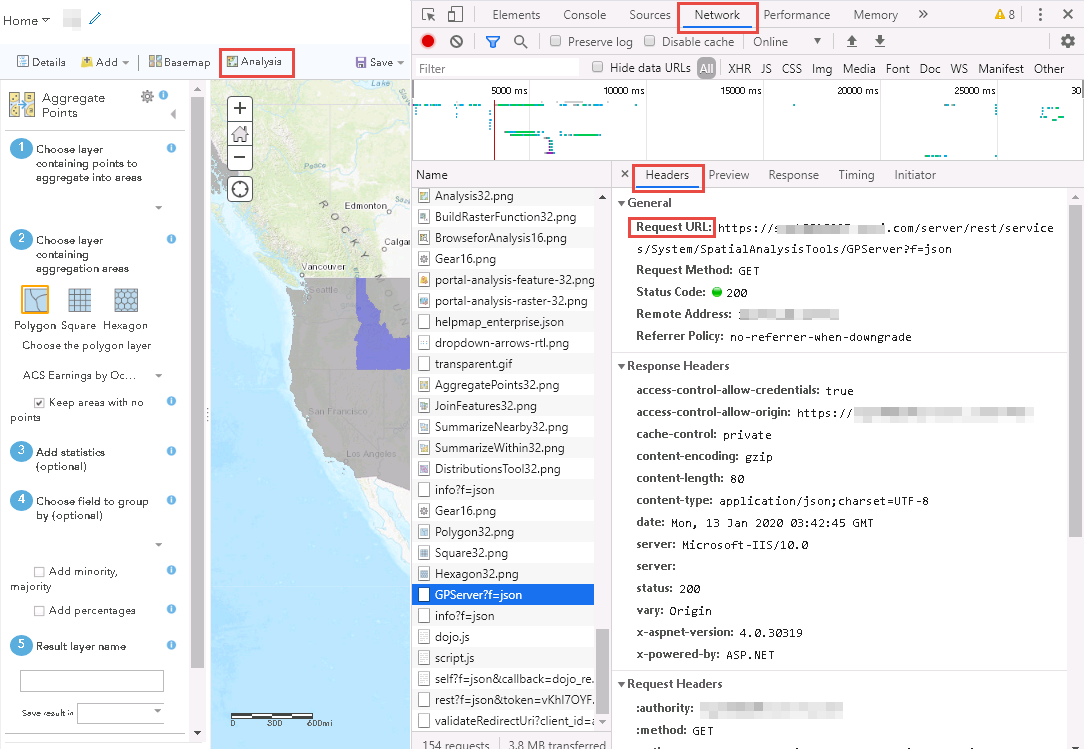 Image of developer console window on Google Chrome in Portal for ArcGIS Map Viewer