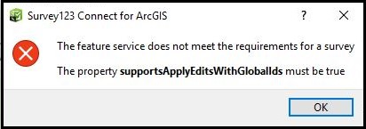 The error when attempting to create a survey from an existing feature service in ArcGIS Online or Portal for ArcGIS
