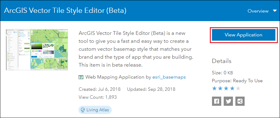 This is the ArcGIS Vector Tile Style Editor app page.