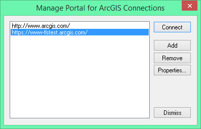 image of the Manage Portal for ArcGIS Connections dialog
