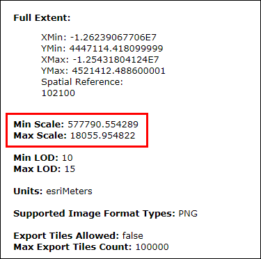 An image of the Min Scale and Max Scale of a hosted tile service.