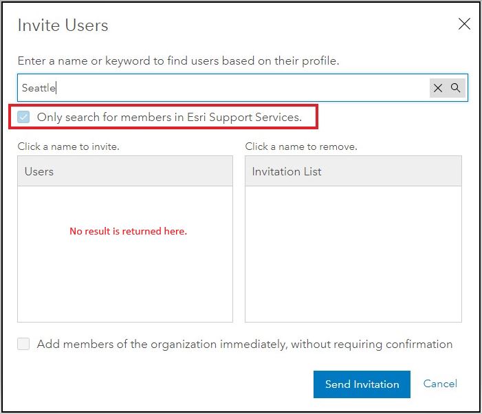 Image showing the Invite Users dialog box with the 'Only search for members in organization name' option disabled.
