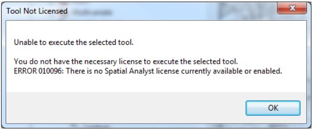 The error message when using the Spatial Analyst tool without a license.