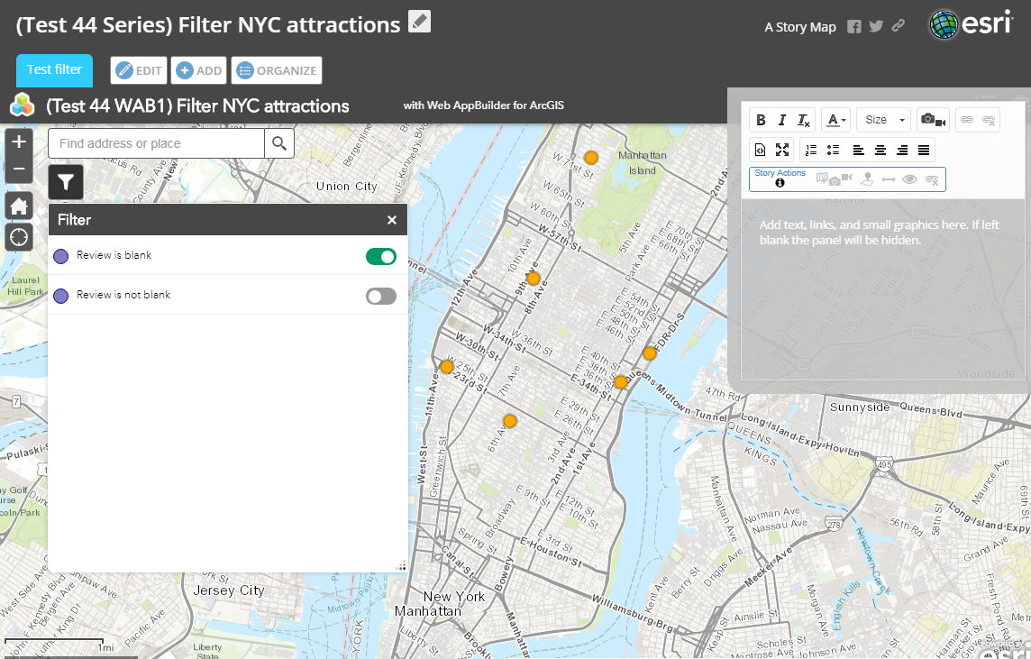 This is a web app with the configured Filter widget embedded inside Story Map Series.
