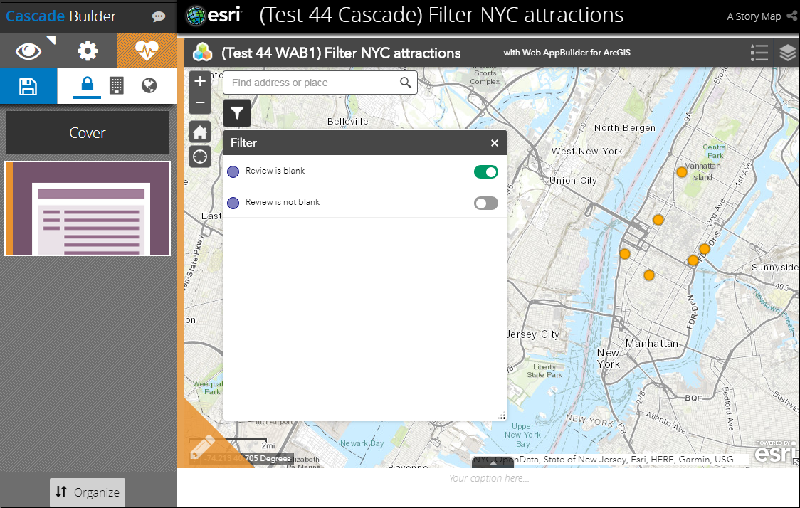This is a web app configured with the Filter widget embedded inside Story Map Cascade.