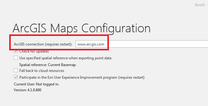 ArcGIS Maps Configuration dialog box showing connection requires restart
