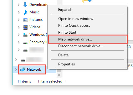 Right-click Network and navigate to Map network drive.