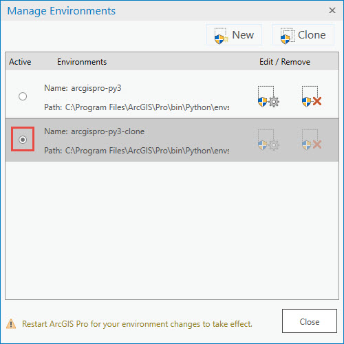 Manage Environments window with active tab
