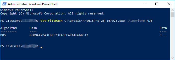Image of the Windows Powershell Administrator pane showing the output checksum value