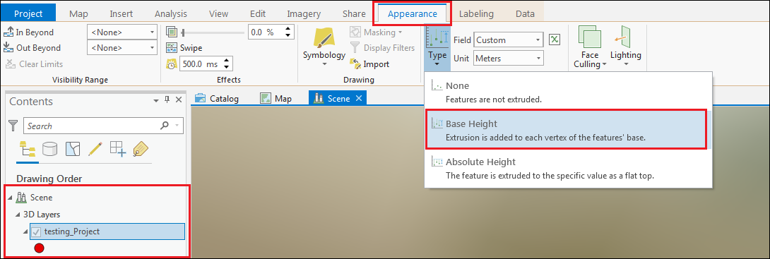 Select Base Height in the Appearance tab
