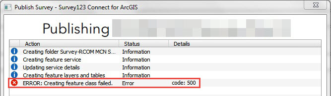 Screenshot of the error when publishing a new survey in Survey123 Connect for ArcGIS.