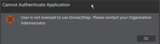 Image of Drone2Map for ArcGIS license error message
