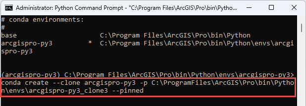 The command code to clone the environment in the C:\ProgramFiles\ArcGIS\Pro\bin\Python\envs\ folder