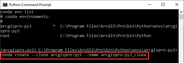 The Python Command Prompt with the clone command highlighted